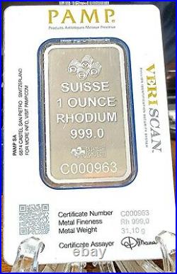 RARE! PAMP Suisse 1oz (31.10g) 999.0 Pure Rhodium Bar Certificate Number C000963