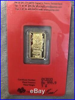 RARE! Pamp Suisse 2012 Year Of The Dragon 5 Gram 24k Gold In Assay Mint