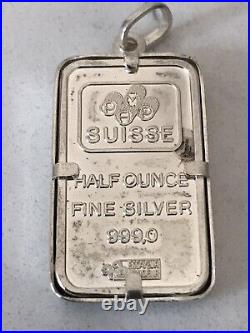 Rare 999 Silver Pamp Suisse Lady Fortuna Half Ounce Bar In 925 Silver Pendant