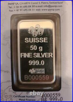 Rare Beautiful 50 g Pamp Suisse Rose Bar. 999 Silver Low Serial# Rosa in Assay