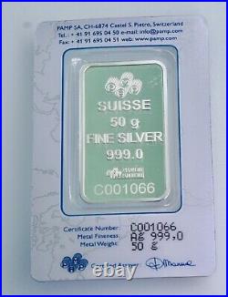 Rare Pamp Suisse Rose 50 Gram. 999 Silver Bar with Assay Card BU, SEALED