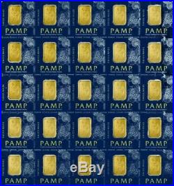 Sheet of 10- PAMP Suisse 1 Gram Gold bars with certificate- lady Fortuna