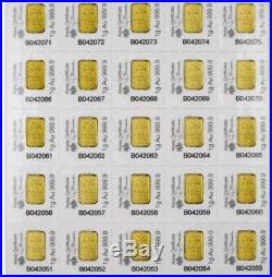 Sheet of 25- PAMP Suisse 1 Gram Gold bars with certificate- lady Fortuna