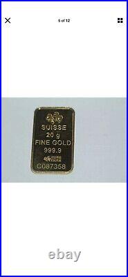 Solid 24K Gold Bar PAMP Credit Suisse 20 Gram 999.9 Bar SN# C087358