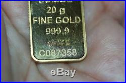 Solid 24K Gold Bar PAMP Credit Suisse 20 Gram 999.9 Bar SN# C087358-No case