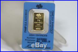 Solid 24K Gold Bar PAMP Suisse 5 Gram 0.9999 Fortuna Certificate Sealed 563955