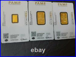 TWO 10 Gr. Gold Bars PAMP Suisse Lady Fortuna Veriscan +a ONE Pamp Bar 21GRAMS