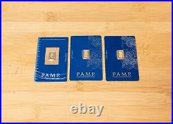 Three 1 Gram Pamp Suisse Gold Bullion Bars Fortuna and Rosa