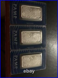 Three Successive Serial Numbered 1oz Pamp Suisse Lady Fortuna. 999 Silver Bars
