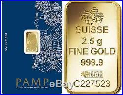 Twenty Five (25) 2.5 Gram PAMP Suisse. 9999 pure Gold Bars FREE shipping