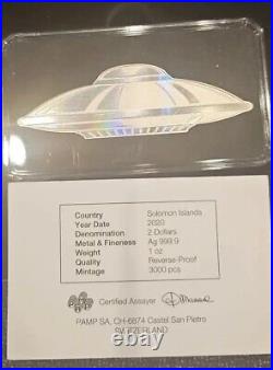 UFO 2020 Solomon Islands 1oz Silver Bar Coin. 9999 Pamp Suisse in Box with COA