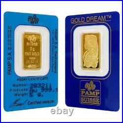 Vintage Assay 5 gram Gold Bar PAMP Suisse Lady Fortuna. 9999 Fine