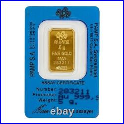 Vintage Assay 5 gram Gold Bar PAMP Suisse Lady Fortuna. 9999 Fine