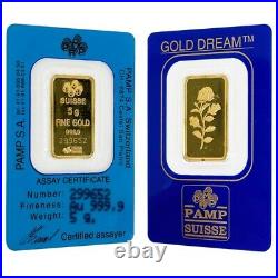 Vintage Assay 5 gram Gold Bar PAMP Suisse Rosa. 9999 Fine