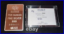 Vintage PAMP Suisse 5 oz 5oz Fortuna Hard Case Fine 999 Silver Ingot #631 w COA