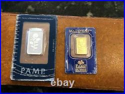 Vintage Pamp Rose 1/2 oz Silver Bar & 2.5 Grams Gold Bar Mint Assay Rare