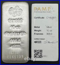 Vintage Pamp Suisse 10ozt. 999 Silver Bar with Assay